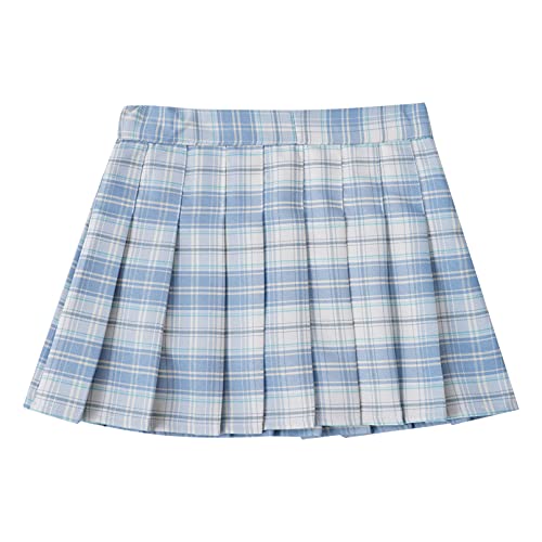 Jhaoyu Girls Pleated Skirt Elastic Waist Plaid A-Line Skirts With Lining Shorts School Uniform Sky Blue 11-12 Years cover