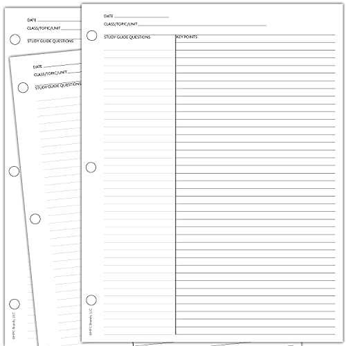 50 Pack Cornell Style Study Note Taking System Sheets, White, 3 Hole Punch, Double Sided (White, 50)