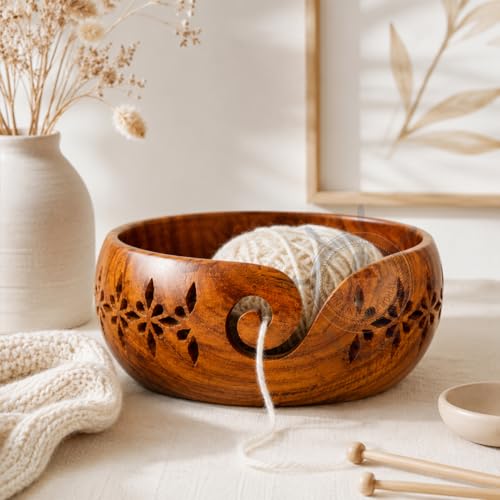 Image of Premium Rosewood Storage Bowl for Yarn Balls & Skeins with Decorative Carved Drills & Drops & Candy Knitting Needles | Knitting & Crochet Notions | Nagina International (Large)