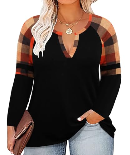 TIYOMI Plus Size Shirt for Women Long Sleeve Tops Round Neck Raglan Color Block Tee XL-5XL
