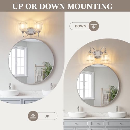Image of Chrome 2-Light Bathroom Light Fixtures with Floral Glass Shade | Vintage Vanity Lights Wall Sconces Over Mirror for Bathroom Powder Room