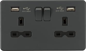 Screwless 13A 2G Switched Socket with Dual USB Charger; 2.4A, Anthracite