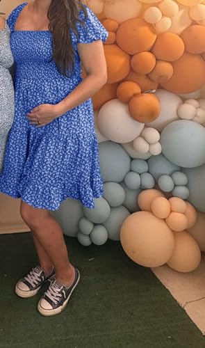 Image of Veatzaer Women's Puff Sleeve Square Neck Smocked Babydoll Dress Boho Floral Print Off Shoulder Ruffle Mini Short Dress