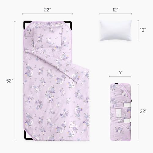 Image of Wake In Cloud - Cot Nap Mat with Pillow and Blanket, 100% Cotton Fabric, for Toddler Kids Girls Ages 3 Plus in Daycare Kindergarten Preschool with Elastic Corner Straps, Floral Flowers
