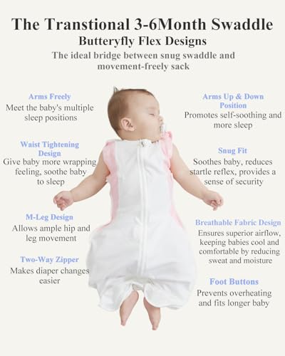 Image of KIDIRA Transition Swaddle, Baby Swaddles 3-6 Months 12-18lb Breathable Back Fabric, Arms Up Swaddle 3-6 Months Newborn, Promotes Healthy Hip Development, 2-Way Zipper&Foot Buttons, 1Pack, Pink