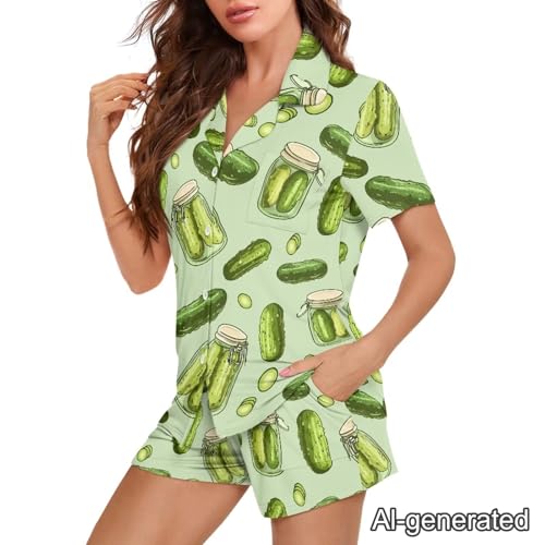 Image of Renewold Women's Short Sleeve Pajama Set Button Down Sleepwear with Notch Collar Soft Lounge Top and Shorts with Pockets