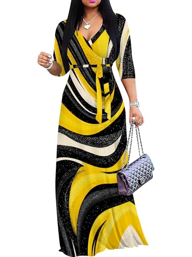Image of Plus Size Dresses for Women Print Maxi Dresses 3 /4 Sleeve with Belt