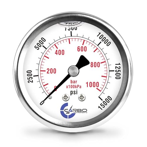 Image of 15000 PSI Glycerin Liquid Filled Pressure Gauge, 2.5 inch Dial, 1 /4 NPT Back Mount, 304 Stainless Steel Case, Brass Wetted Parts, Dual Scale PSI /Bar - ASME B40.1 Grade A