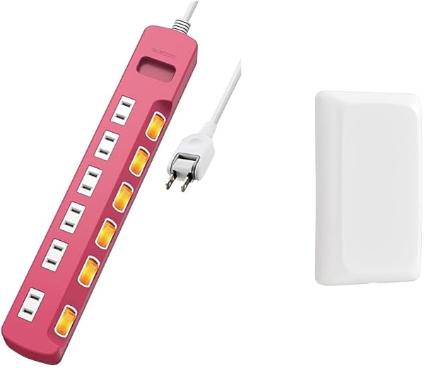 Elecom TWCVR01WH T-K6A-2630PN & Elecom Power Supply Tap, Outlet Lightning Guard, Separate Switch, Dust Shutter, 6 Outlets, 9.8 ft (3 m), Pink, Outlet Cover, Plug Type, Thin, For Swing Plug Only, White - 1