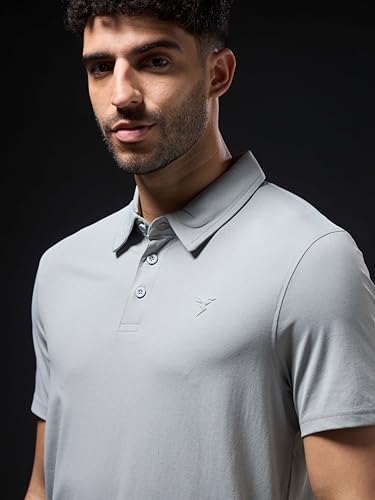 Image of TECHNOSPORT Men's Solid Slim Fit Polo Collar T-Shirt COTFLEX Half Sleeve Button Polyester for Gym Running Workout UPF50+ Anti Odour