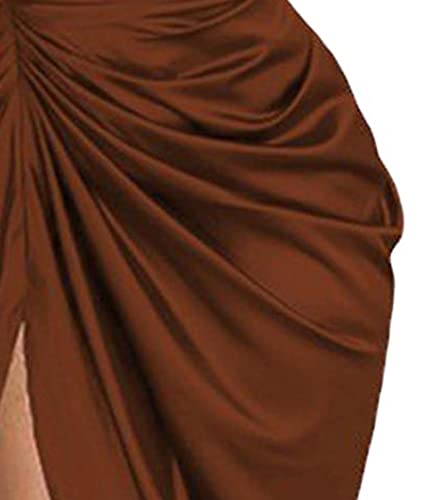 Image of xxxiticat Women's Ruched Midi Dress Sleeveless Spaghetti Straps One Shoulder Asymmetric High Split Slip Party Dress