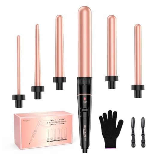 Long Barrel Wand Curling Iron - BESTOPE PRO 6 in 1 Curling Wand Set with Ceramic Barrel for Long Hair, 0.35"-1.25" Interchangeable Curling Iron Wand, Dual Voltage Wand Curler, Include Glove & Clips