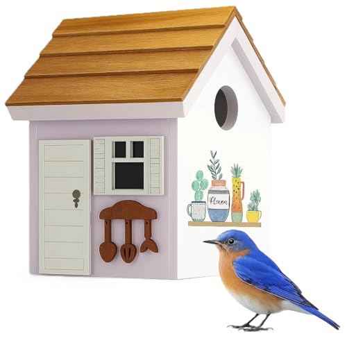 Vinyl Bird Houses for Outside, Composite Material Nest Box Shingle Roof,Water Proof Bird House for Outdoor, Squirrel Proof Hanging Birdhouse for Wren,Chickadee, 5Years Weatherable Bird Box (White)