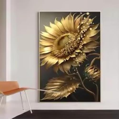 Toile tournesol noir et doré pour salon, affiche fleurie chic maison