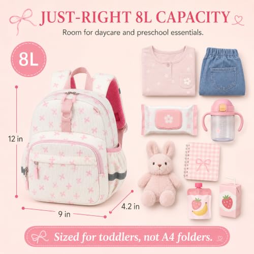 Image of LOIDOU Toddler Backpack for Girls Ages 2-4, 12 Inch Mini Preschool Daycare Bookbag with Insulated Snack Pocket, Corduroy Small Kids Travel Backpack, Pink Small Bow