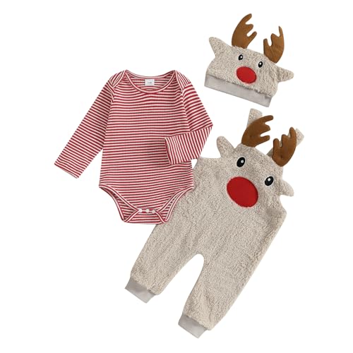 Image of Baby Boy Christmas Outfit Elf Newborn Romper Pants Set With Hat | Long Sleeve Bodysuit, Striped Romper Overalls Set, Baby Boy Elf Outfit, Fall Winter Clothes With Hat, My First Christmas.