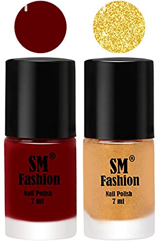 Image of Long Lasting Nail Polish | Nail Paint Combo 7 ml Each) - Set of 2 Dark Red-Light Golden