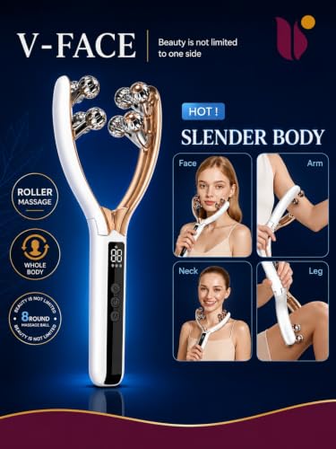 Image of 4-in-1 EMS Jawline Massager with RF Heat, Red & Blue Light Therapy | Electric V Face Sculpting Roller for Double Chin, Jawline, Neck & Face | Rechargeable Facial Gua Sha Roller