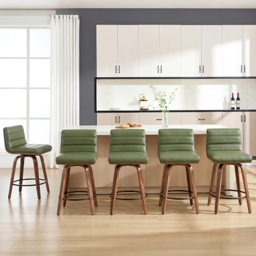 Image of Swivel Bar Stools Set of 5,26 inch Faux Leather Counter Height Barstools with Back,Mid Century Modern Upholstered Bar Chairs with Bentwood Legs Island Stools for Kitchen Counter Green