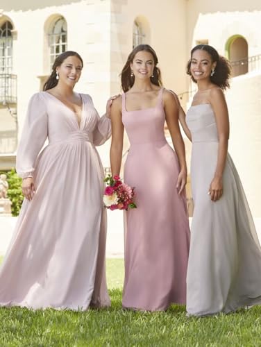 Long Sleeves Bridesmaid Dresses with Slit Chiffon Formal Party Gowns with Pockets for Women RO0074
