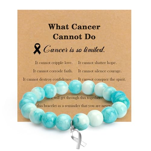 Teal and White Healing Bracelets Cervical Cancer Awareness Products Gifts for Cancers Patients Female Natural Stone Bead Cancer Bracelets Comforting Gifts for Cancers Survivor Support Fundraising