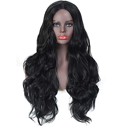 LIZOUREY Nature Black Synthetic Wigs for women - Natural Looking Long Wavy Middle Parting None Lace Heat Resistant Replacement Wig Full Machine Made 28 Inches