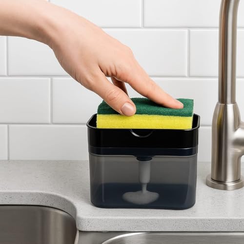 Image of 2-in-1 Soap Dispenser for Dishwashing - Liquid Holder Pump with Instant Refill, Durable & Efficient Kitchen Washing Accessory, Easy One-Hand Use (Pack of 1) (Black)