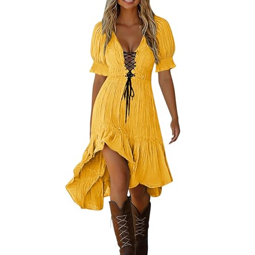 Vestidos Verano Mujer 2026 Moda Cuello en V Boho Vestido de Manga Corta Color Sólido Vintage Cintura Alta A-Línea Vestidos Largo hasta La Rodilla Sexy Vestido de Playa Vacaciones Versátil Midi Dress