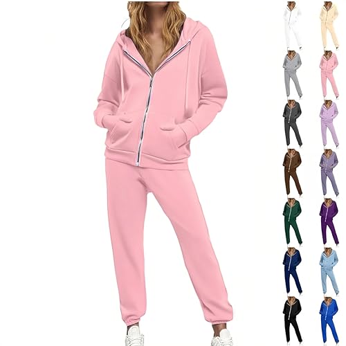 Sweatsuits Women 2 Piece Outfit,Sweat Sets Track Suits for Women Set Drawstring Zip Up Hoodie Matching Elastic Waist Sweatpants Pink Travel Comfy Lounge Sets(Pink,Large)