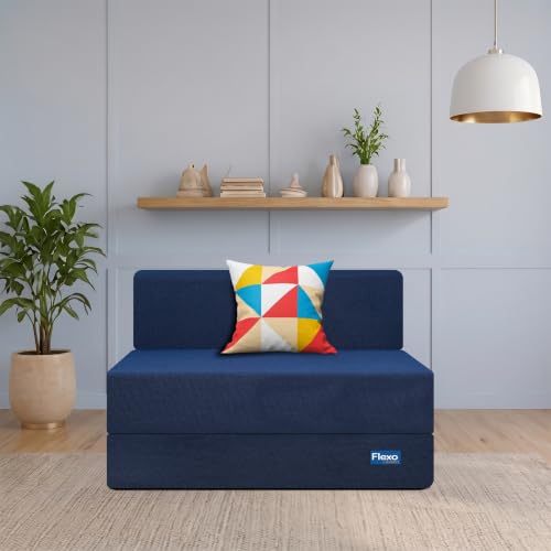 Image of Starlon 1 Seater Foldable Sofa Cum Bed 3-in-1 with 1 Geometrical Pattern Pillow, Washable Jute Fabric Cover, Space Saving Guest Bed, Pre-Assembled Royal Navy Blue 3x6 Ft