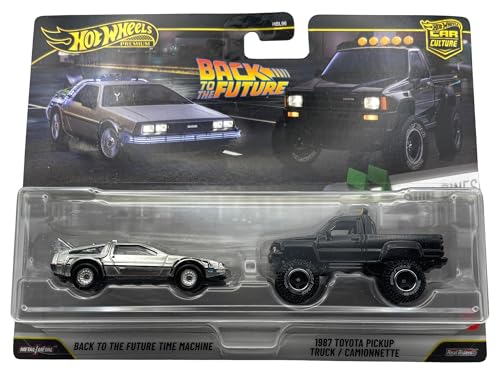 Hot Wheels Premium - De vuelta al futuro máquina del tiempo y camioneta Toyota Pickup 1987/Camioneta - Cultura del automóvil - JHW48 - HBL96 - plateado - negro - modelo con licencia oficial - Mattel