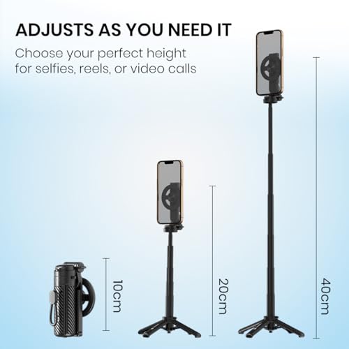 Image of Portronics Lumistick Snap Magnetic Selfie Stick with Quadripod Stand,Detachable Bluetooth Remote, 360 Rotation,Includes Metal Ring, for iPhone&Android, Foldable&Travel-Friendly for Vlogging&Recording