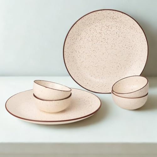 Image of Freakway Rustic Speckled Ceramic Dinner Set - 6 Pc (2 Plates, 4 Bowls) - Beige with Brown Rim