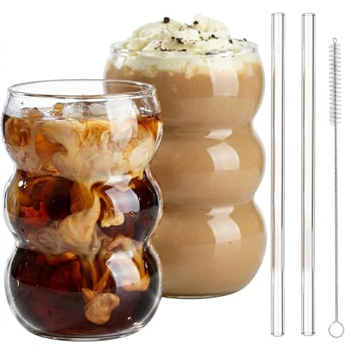 VITEVER Latte Macchiato Gläser Set, 2 Kaffeegläser perfekt geeignet für Cappuccino, Caffe Lungo oder Americano, Spülmaschinenfest, Bubble Gläser 550 ml，Kostenlose Bürste und Strohhalm