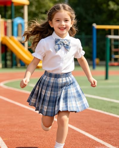 Image of Betusline Girls Skirt Set JK School Uniform 2-Piece Outfit - Short Sleeve Shirt with Bow & Pleated Skirt 4T-14Y