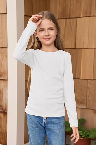 Image of Haloumoning Girls Long Sleeve Shirts Crewneck Ruched Side Slim Fit Tops Ribbed Knit Casual Tee Shirt 4-15 Years