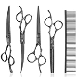 JASON Dog Grooming Scissors Set Professional 6 in 1 Dog Shears Kit - 6.5' Thinning, 7' Straight, 7' Up-Curved, 7' Down-curved Shears and Comb for Cat Pet with Adjustable Screw (Black) Christmas