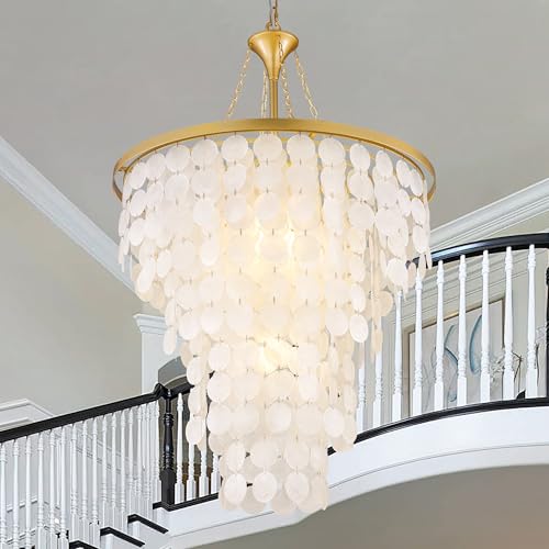 Wellmet Coastal Capiz Shell Chandelier, 7 Lights Beach Light Fixture,