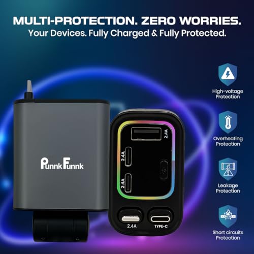 Image of PunnkFunnk 120W 5-in-1 Super Fast Car Charger | Multi-Port USB & Type-C Car Adapter with Display Screen, Telescopic Charging Cable, 4 Devices Simultaneous Charging - Compatible with iOS & Android