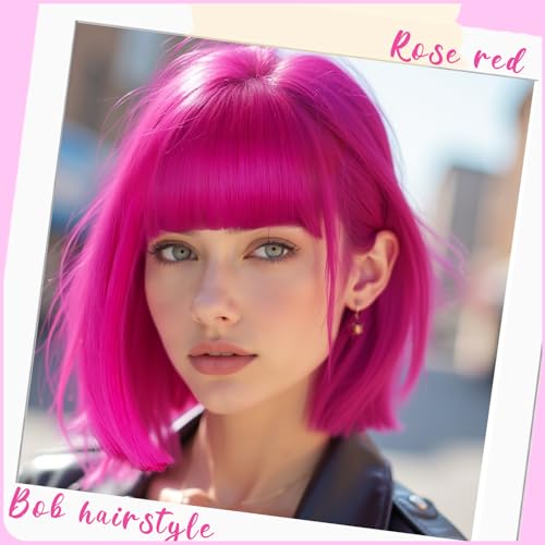Image of LIULIUBTY Short Bob Hair Wigs Straight with Flat Bangs Synthetic Colorful Cosplay Daily Party Neon Wig for Women with Wig Cap 12 inch Natural As Real (Hot Pink B)