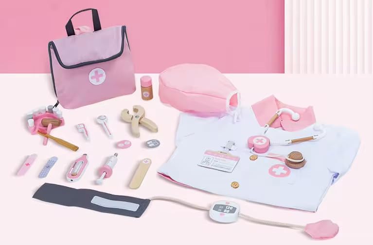 Image of Kids Doctor Playset with Coat & Medical Accessories | Pretend Doctor Role Play Toy Set for Boys & Girls | Educational Doctor Kit with Bag (Pink, 20 Pieces, 3+ Years)