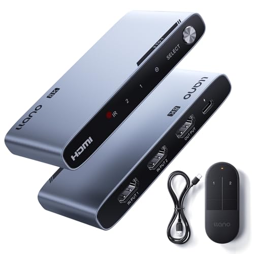 llano HDMI 2.1 Switch 8K@60Hz 2 in 1 Out Unterstützt 48Gbit/s 4K@120Hz/240Hz HDR10+ Dolby Atmos CEC Aluminiumlegierung Switch mit IR Fernbedienung für Apple TV/PS5/Xbox/Roku/Fire Stick usw.