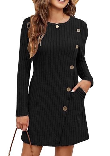 Koerye Robe Hiver Femme Elégant Décontractée Tricotée Robe Manches Longues col Rond avec Poches Casual Pull A-Line Tissu du Côtelé Pullover Noir,M