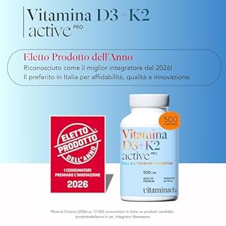Vitamina D3 K2 (Dura 1 anno e 4 mesi) 500 Microcompresse – ELETTO PRODOTTO DELL’ANNO 2026 - Senza Biossido di Silice, Vitamina D3 2000 UI a Compressa – Vit. K2 MK 7 - Massimo Dosaggio di Vitamine.