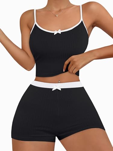 Image of Hilinker Womens Graphic 2 Piece Pajama Set Summer Cute Crop Cami and Shorts Ribbed Lounge Sets