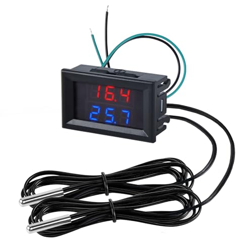 FBBULES Termómetro Digital con 2 Sondas de Metal Impermeable, DC 4-28V LED Medidor de Temperatura de Pantalla Dual -55 ~ + 120 ℃ Temperature Meter, Cable:2m, Rojo&Azul