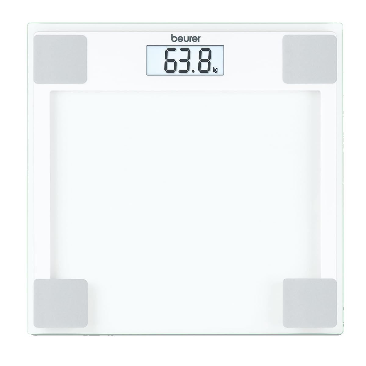 Beurer GS 14 - Báscula de baño de vidrio, vidrio de seguridad, apagado automático, puesta en marcha con sensor vibración, 150 kg / 100 gr, color transparente/ Blanco/ Plateado