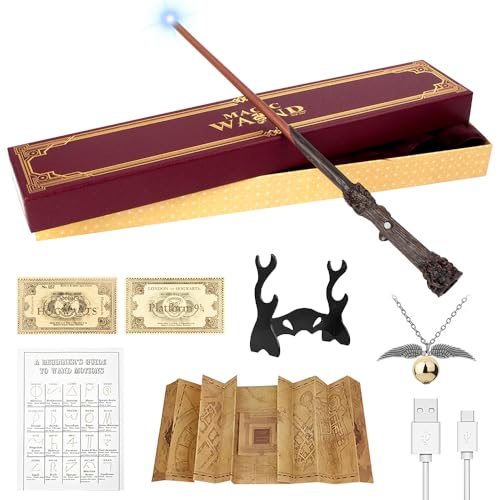 NAVESO 37cm Zauberstab mit LED Licht USB Aufladung Zauberstab In Geschenkbox mit Zauberspruchkarte Bahnfahrkarte Karte und Halter für Hexen und Magier Cosplay De Halloween