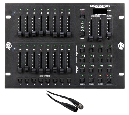 American DJ Lighting Control Bundle with STAGE SETTER 8 DMX Controller 16-Channel Par Can and Fog Machine Control with Programs MIDI Compatible, Rockville RDX3M25 25 ft OFC DMX Cable (2 Items)