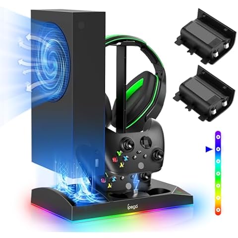 Charging & Cooling Fan Stand for Xbox Series S, Dual Controller Charger Station & Cooler System with 15 LED Light Modes, Headset Hook,USB C Cable, Accessories for XSS with 2x1400mAh Batteries (Black) Cover